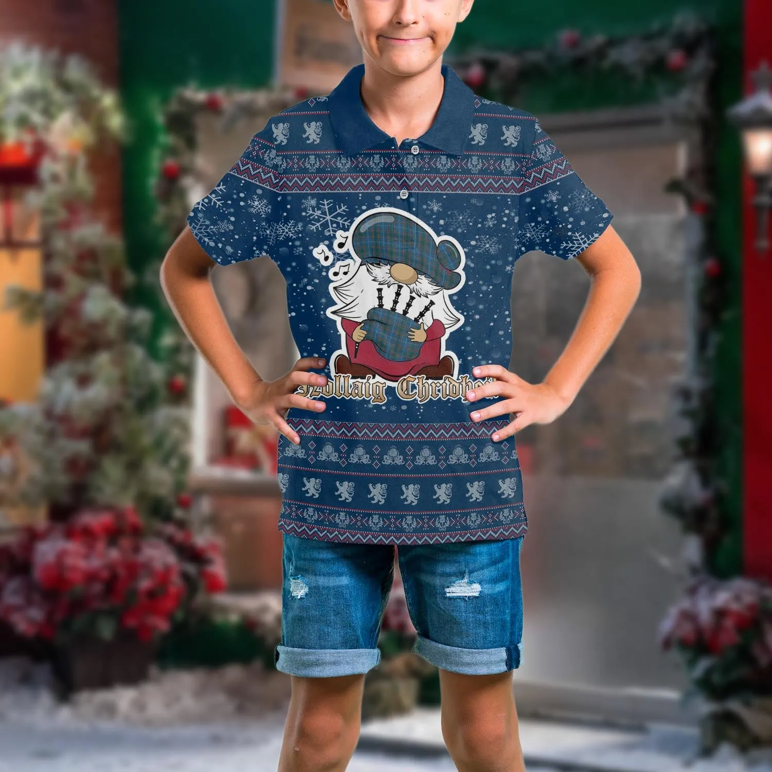 Bain Clan Christmas Family Polo Shirt with Funny Gnome Playing Bagpipes