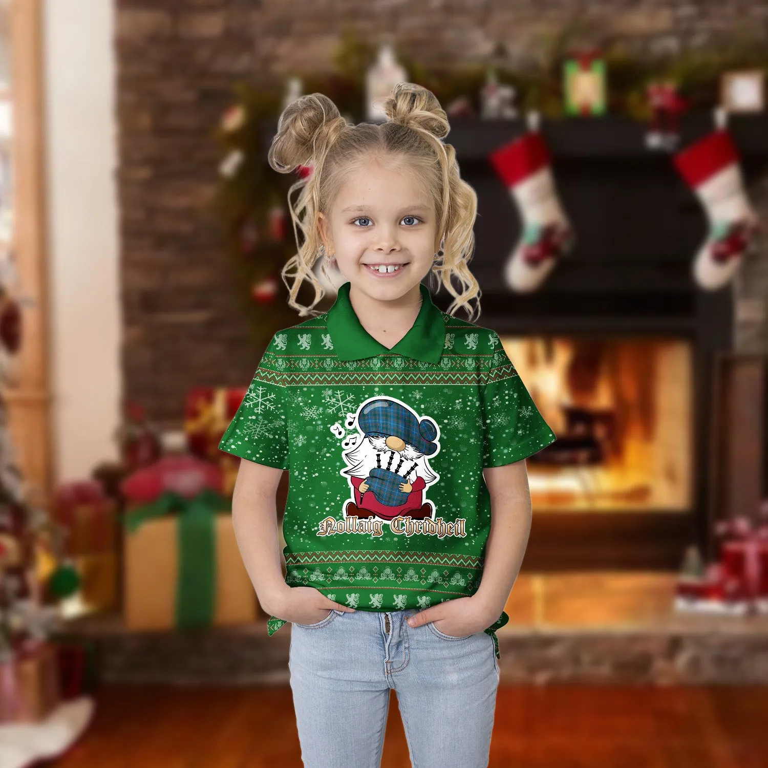 Bain Clan Christmas Family Polo Shirt with Funny Gnome Playing Bagpipes