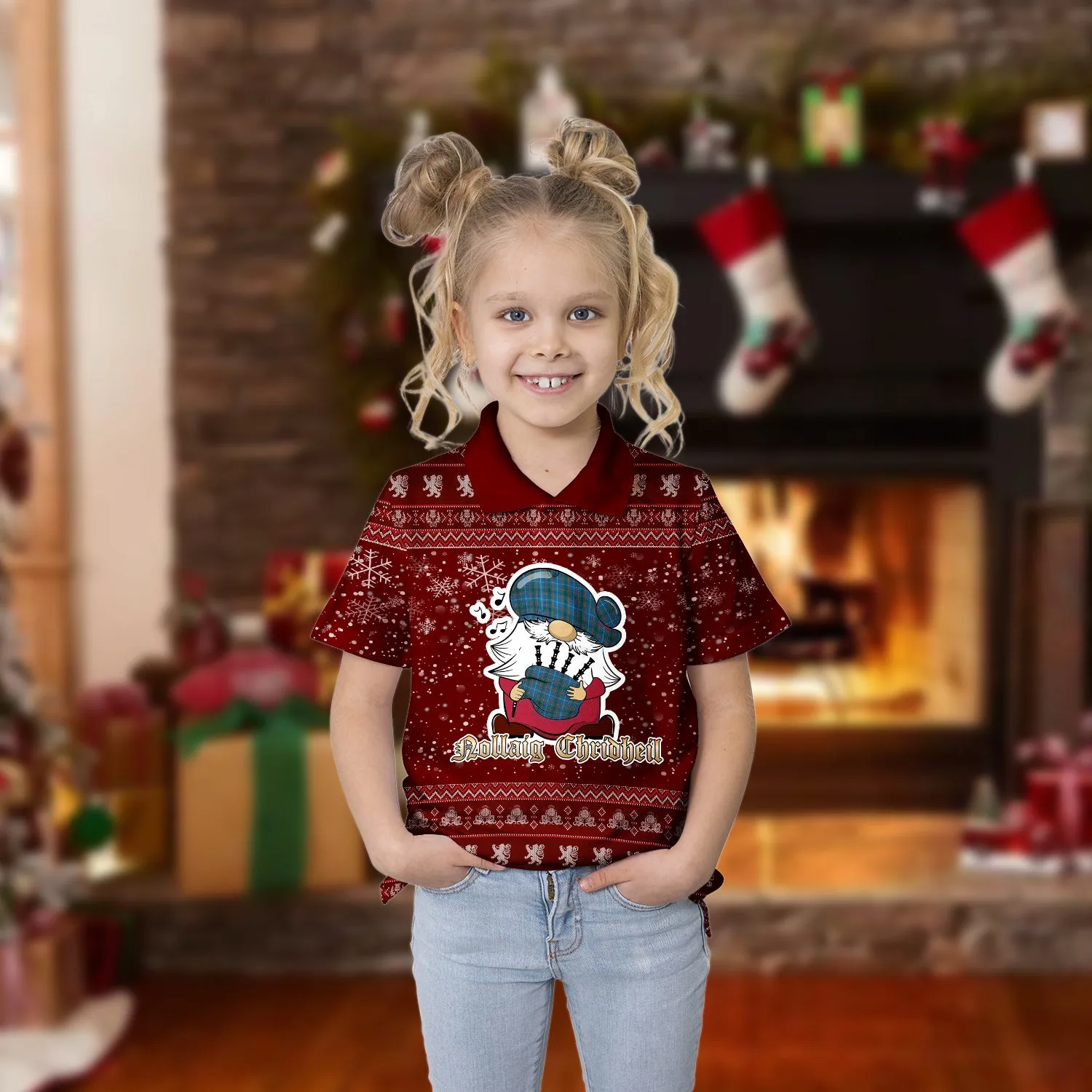Bain Clan Christmas Family Polo Shirt with Funny Gnome Playing Bagpipes