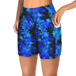 Black & Blue Leaves Yoga Shorts with Pockets up to 5 XL (FWS)