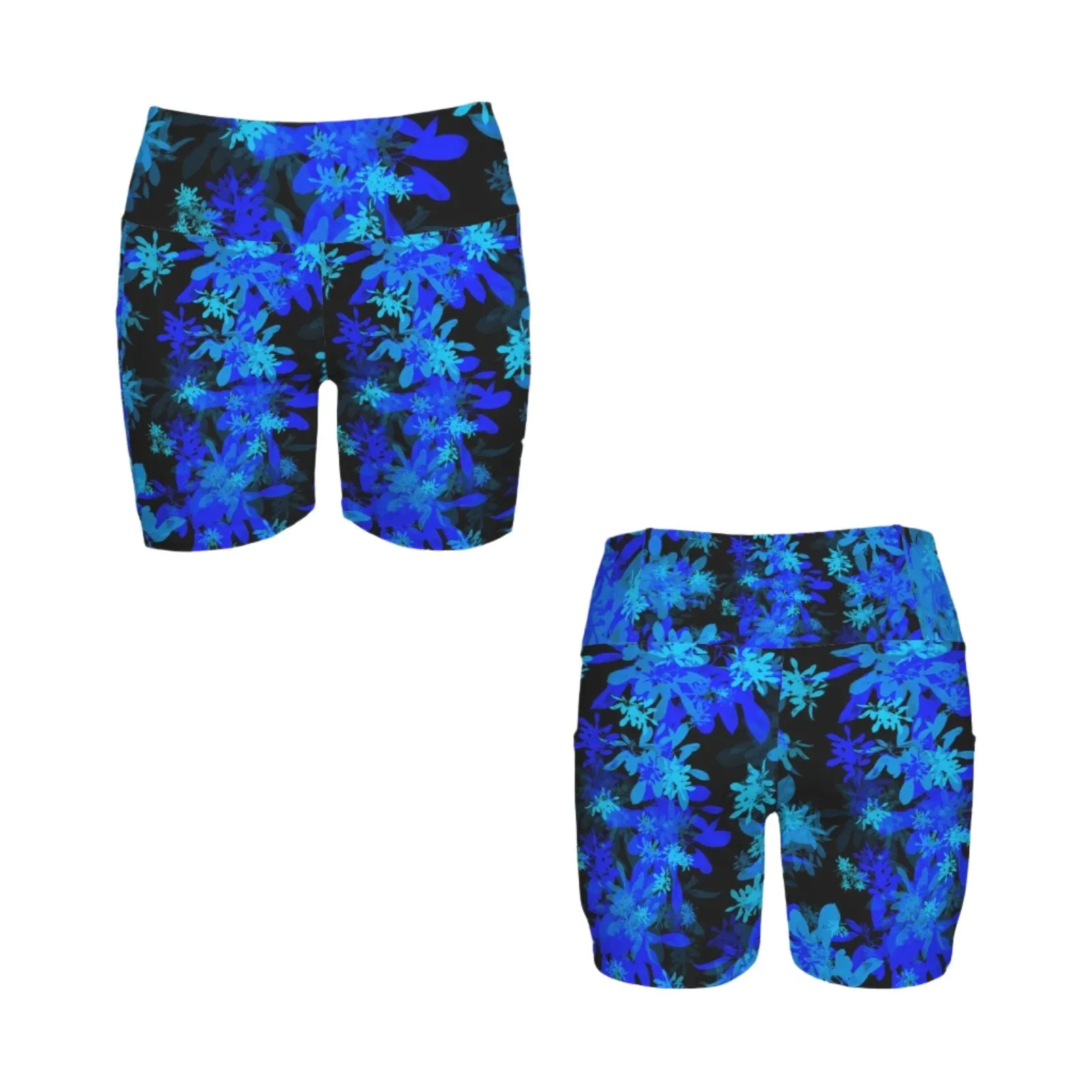 Black & Blue Leaves Yoga Shorts with Pockets up to 5 XL (FWS)