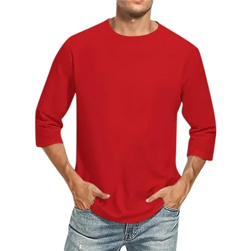 Crewneck Sweatshirt Men,Raglan Shirt Men Lightning Deals of Today Classic 3/4 Sleeve Beach Scoop Neck Tee Shirt Men Solid Color Loose Shirt Comfortable T Shirt Men Red