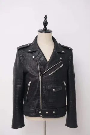Crocodile Leather  Slim Fit Motorcycle Racer Style Leather Jacket For Men & Women