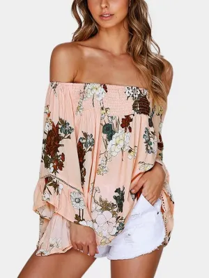 Custom Off The Shoulder Floral Print Long Sleeve Pink Blouses