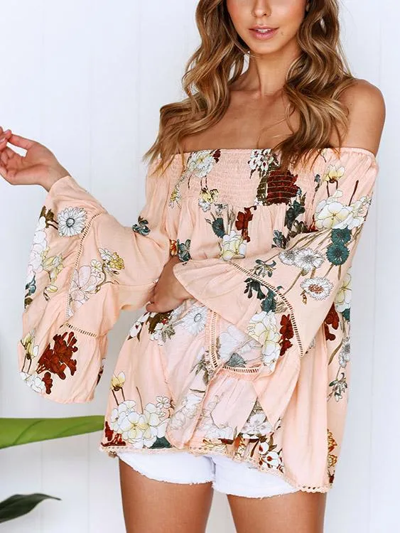 Custom Off The Shoulder Floral Print Long Sleeve Pink Blouses