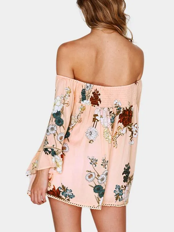 Custom Off The Shoulder Floral Print Long Sleeve Pink Blouses