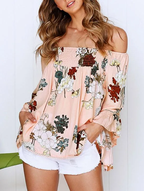 Custom Off The Shoulder Floral Print Long Sleeve Pink Blouses