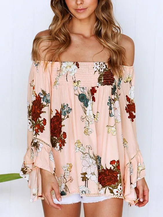 Custom Off The Shoulder Floral Print Long Sleeve Pink Blouses