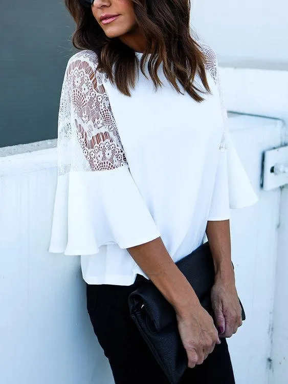Custom Round Neck Lace Half Sleeve Ruffle Hem White Top