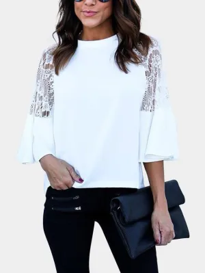 Custom Round Neck Lace Half Sleeve Ruffle Hem White Top