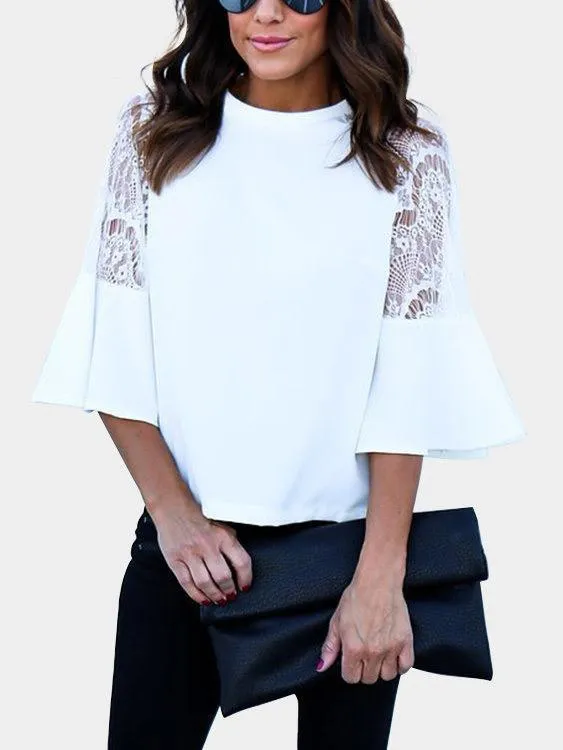 Custom Round Neck Lace Half Sleeve Ruffle Hem White Top