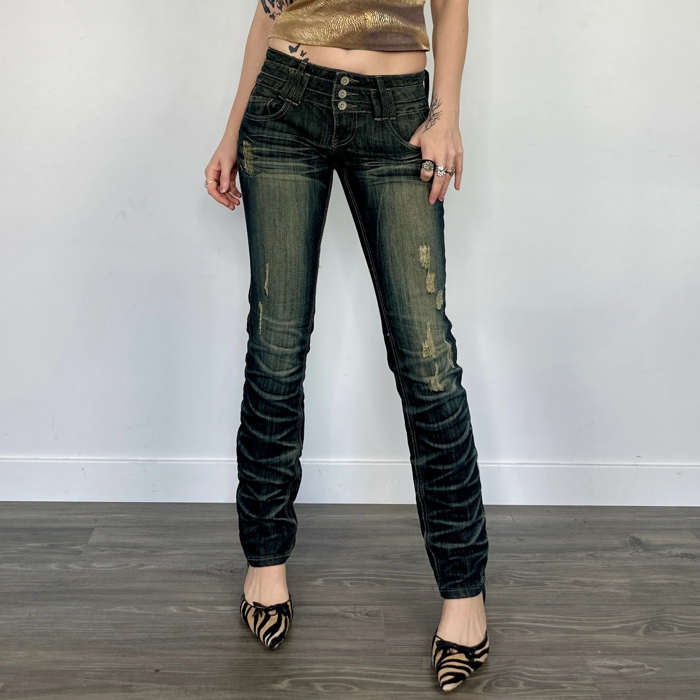 Dark Washed Distressed Skinny Denim (XS/S)