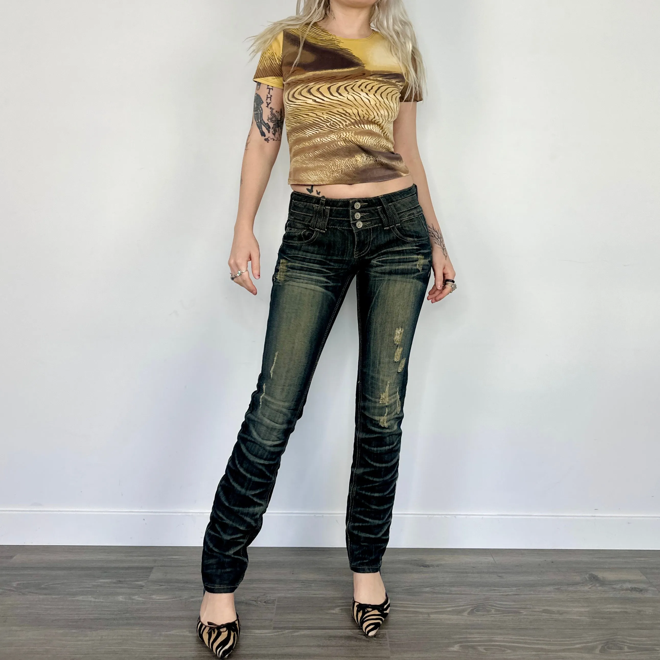 Dark Washed Distressed Skinny Denim (XS/S)