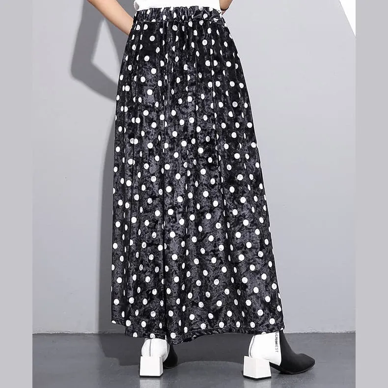 Elegant black dotted plus size clothing elastic waist traveling women wide leg pants cotton trousers