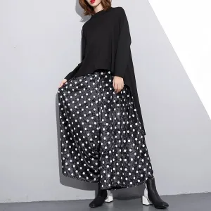 Elegant black dotted plus size clothing elastic waist traveling women wide leg pants cotton trousers
