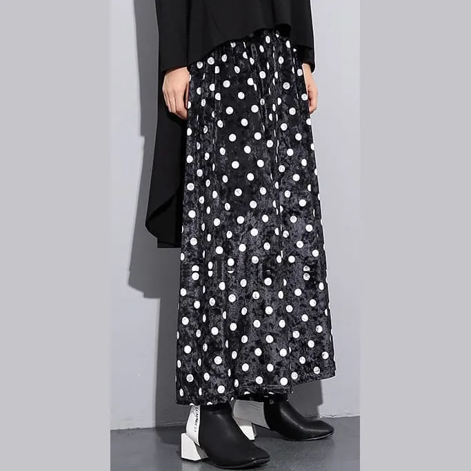 Elegant black dotted plus size clothing elastic waist traveling women wide leg pants cotton trousers