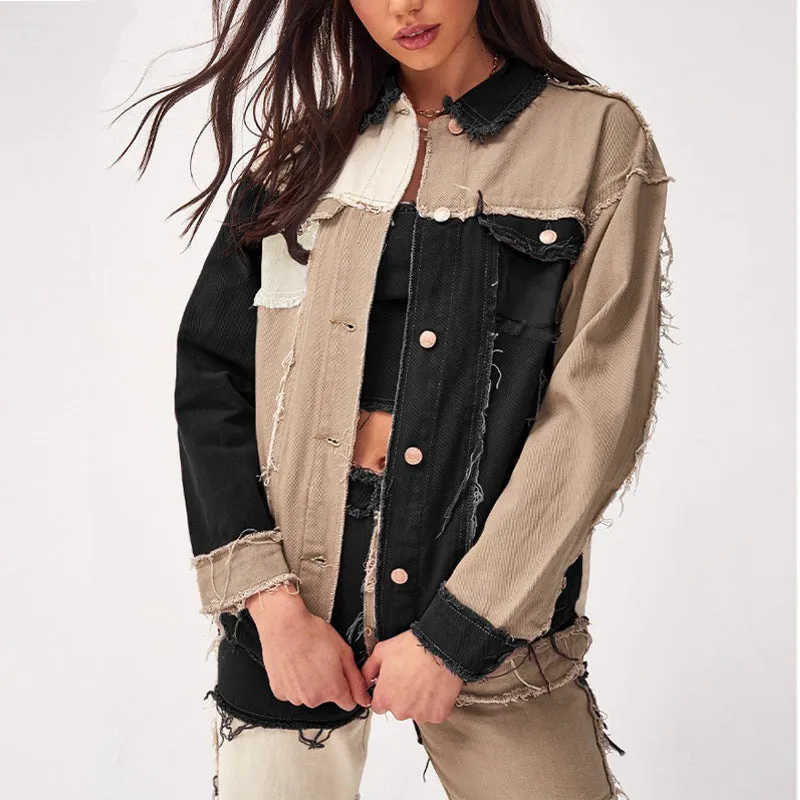 Fashion Women's Patchwork Jackets Lapel Two Tone Denim Jackets