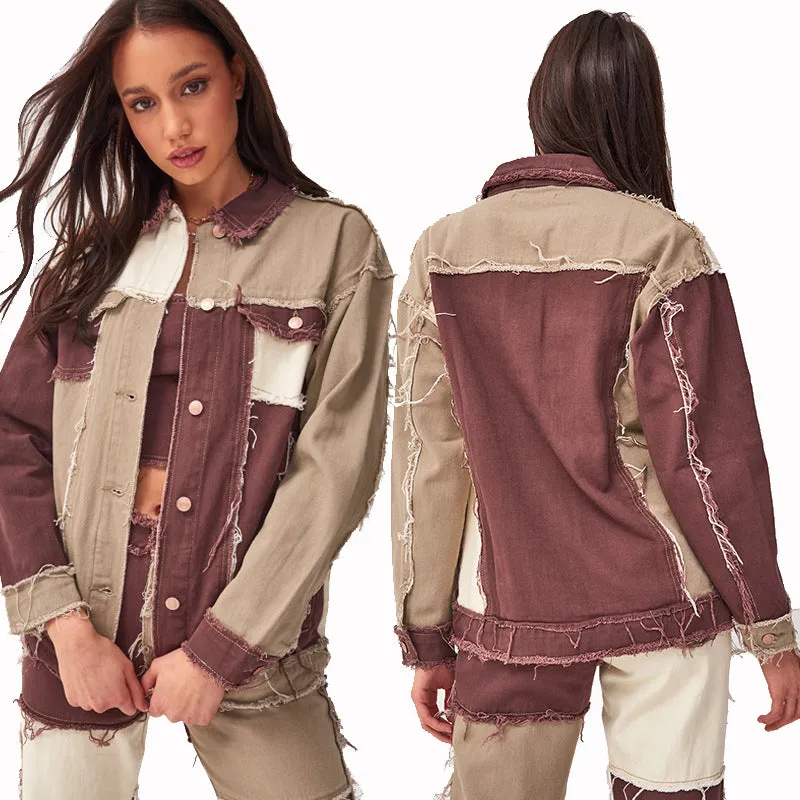 Fashion Women's Patchwork Jackets Lapel Two Tone Denim Jackets