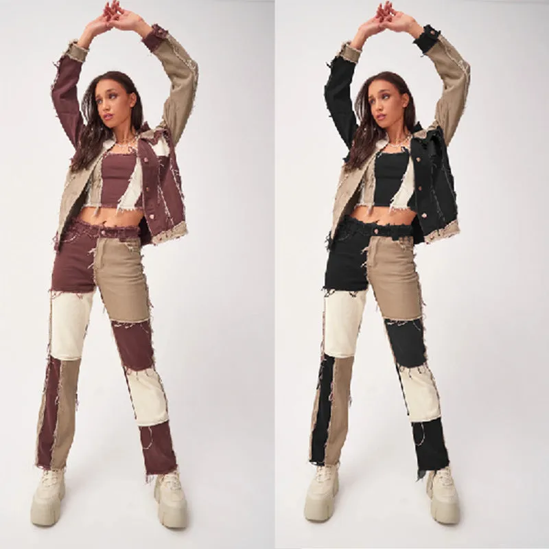 Fashion Women's Patchwork Jackets Lapel Two Tone Denim Jackets