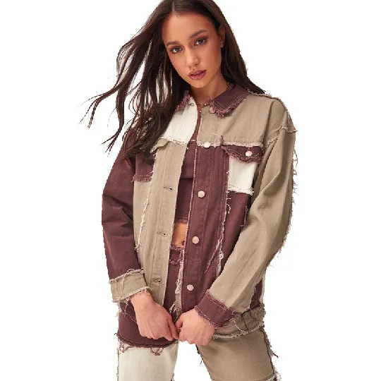 Fashion Women's Patchwork Jackets Lapel Two Tone Denim Jackets