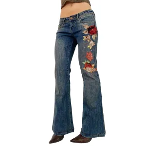 Floral Embellished Low Rise Flare Jeans (XS)
