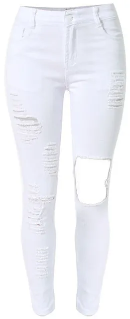 High Waist Stretch Denim White or Black Knee Ripped Jeans