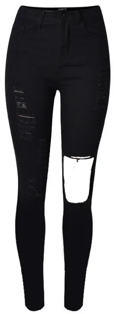 High Waist Stretch Denim White or Black Knee Ripped Jeans