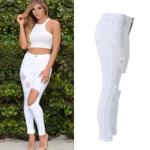 High Waist Stretch Denim White or Black Knee Ripped Jeans