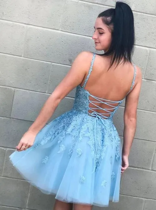 Light Blue Lace A-line V-neck Homecoming Dresses, Graduation Dress, SH557