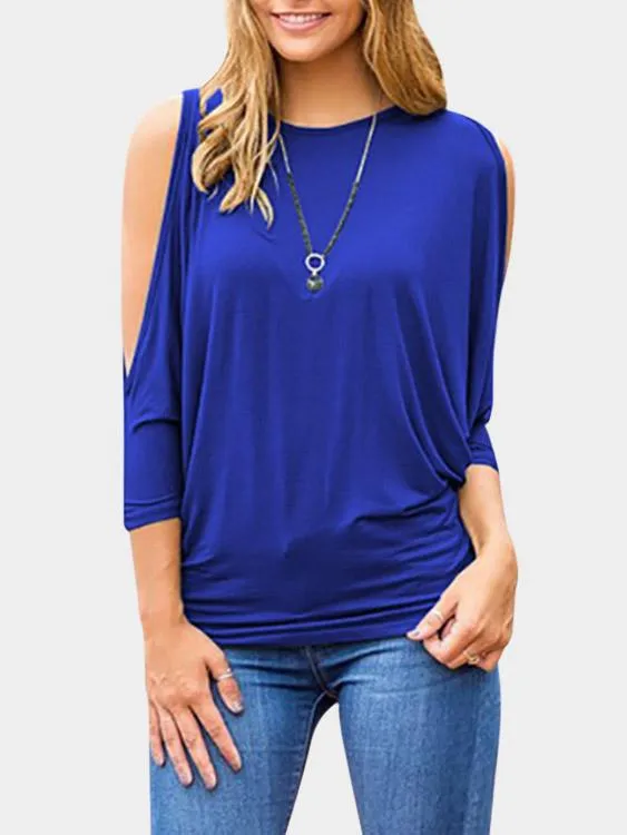OEM ODM Round Neck Cold Shoulder Pleated 3/4 Sleeve Royal Blouses