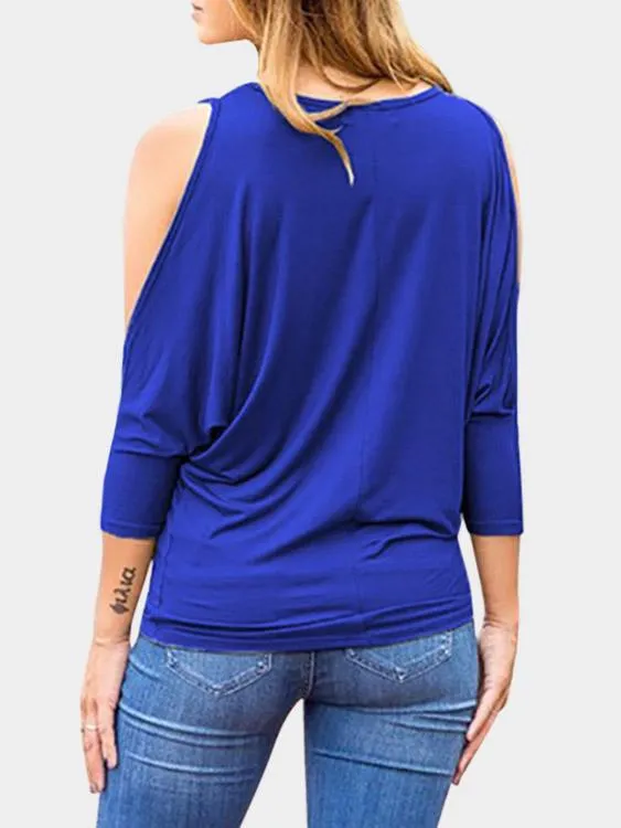 OEM ODM Round Neck Cold Shoulder Pleated 3/4 Sleeve Royal Blouses