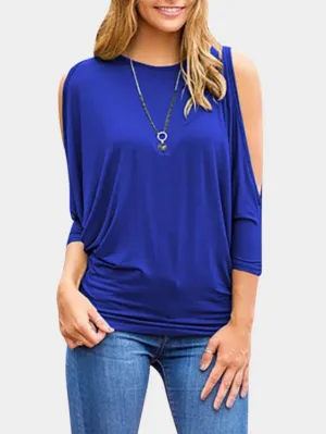 OEM ODM Round Neck Cold Shoulder Pleated 3/4 Sleeve Royal Blouses