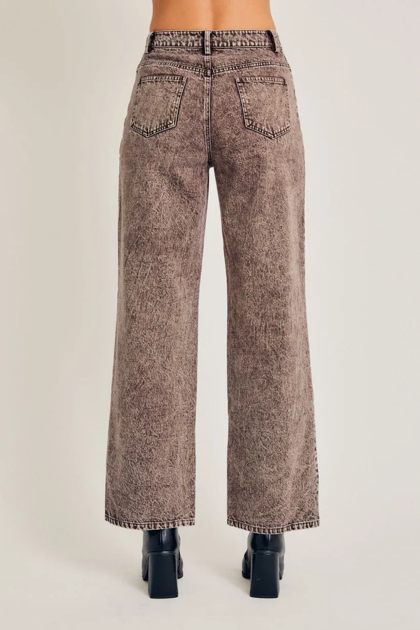 "Western Dream" High Waisted Washed Black Denim Wide Leg Jeans