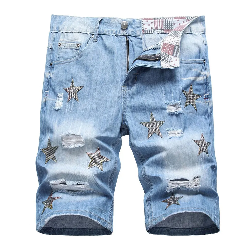 West Louis™ Crystal Patch Star & Holes Jeans Short