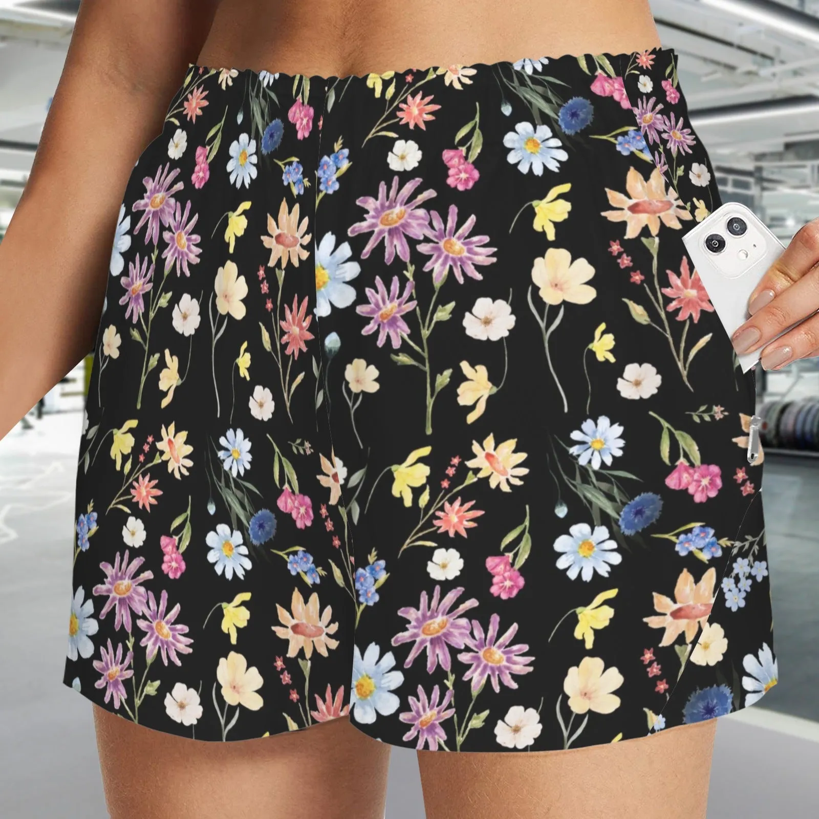 Wildflowers Painted Black Zip Pocket Shorts up to 5 XL (FWS)