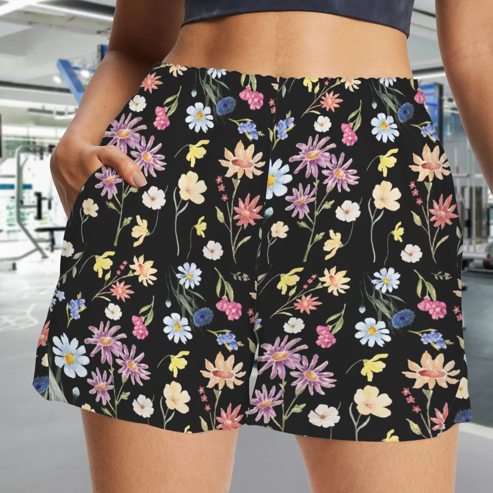 Wildflowers Painted Black Zip Pocket Shorts up to 5 XL (FWS)