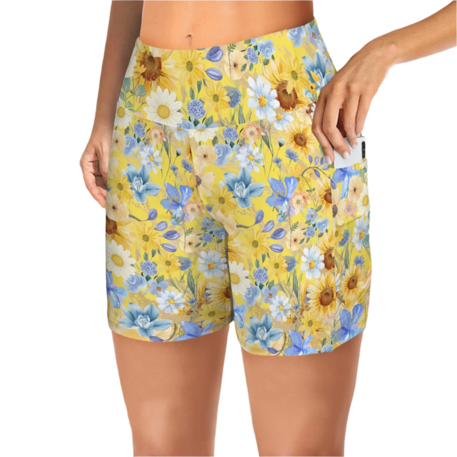 Yellow Floral Art Yoga Shorts with Pockets up to 5 XL (FWS)
