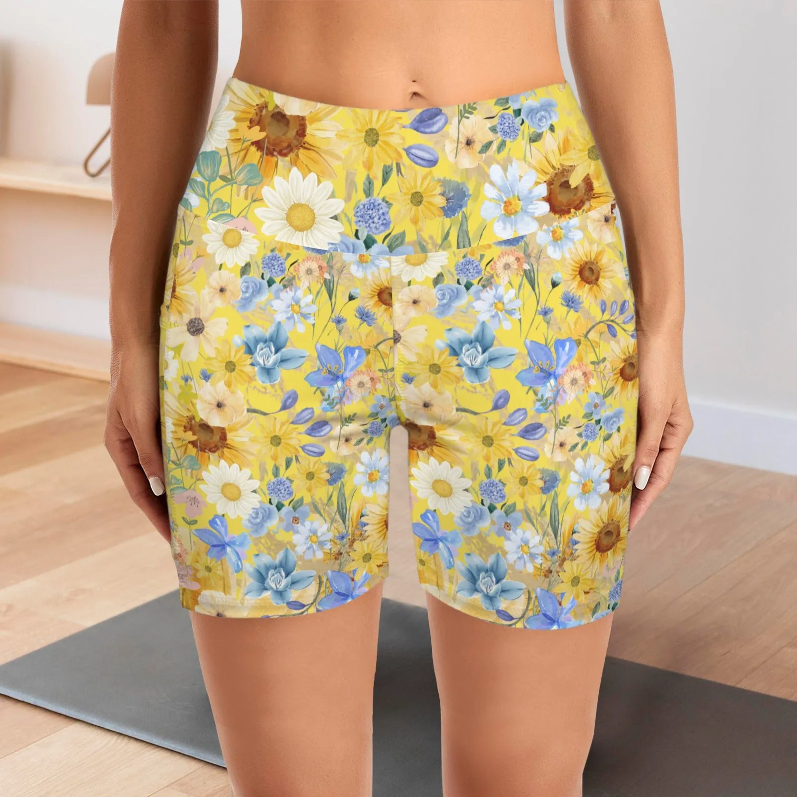 Yellow Floral Art Yoga Shorts with Pockets up to 5 XL (FWS)