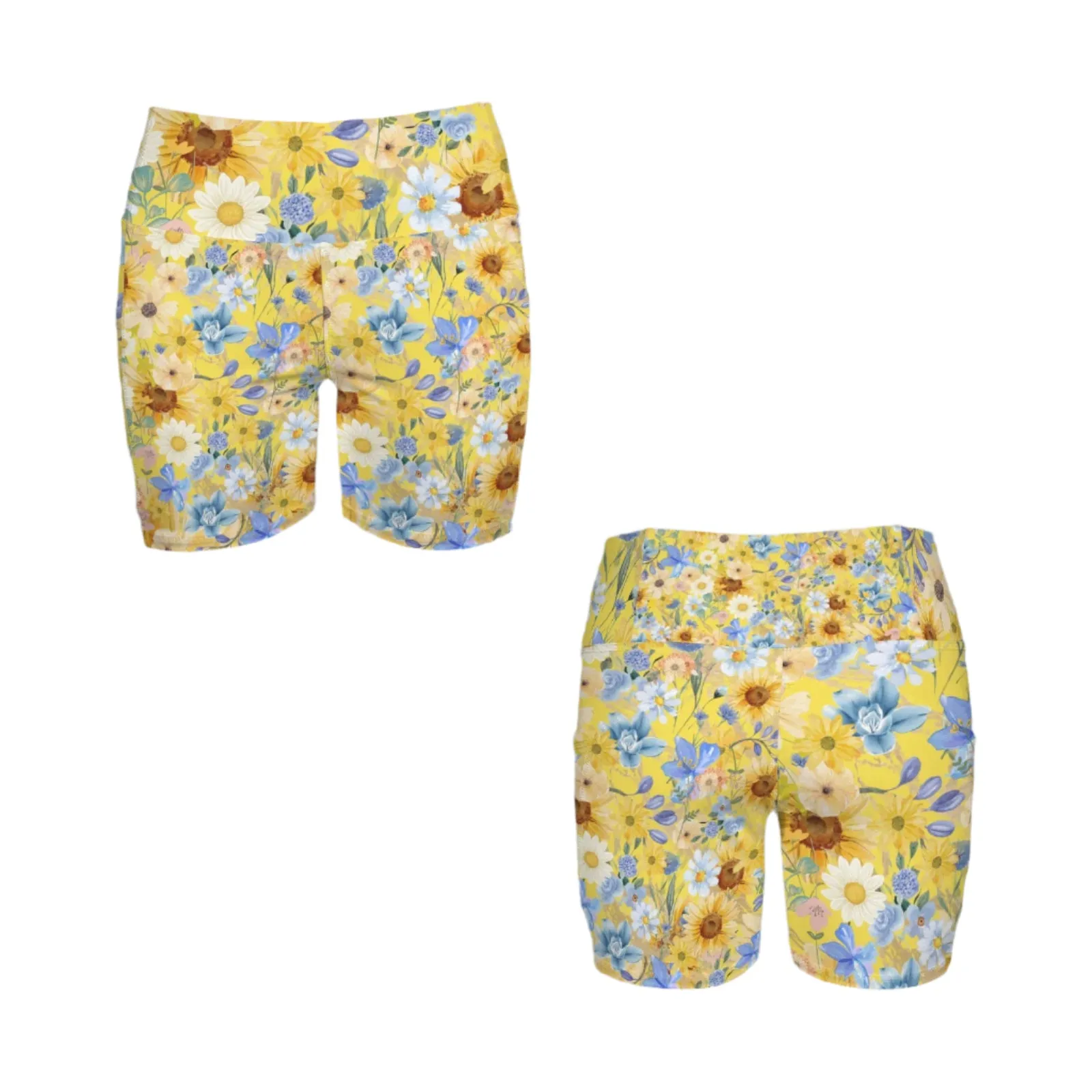 Yellow Floral Art Yoga Shorts with Pockets up to 5 XL (FWS)