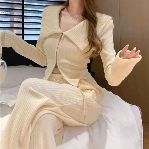 Zipper Slim Lapel Top Wide Leg Pants Set